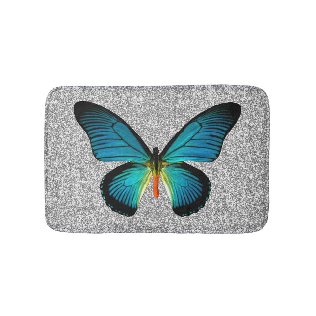 Blauer Schmetterling auf Silver Glitzer Bath Mat Badematte (Vorderseite)
