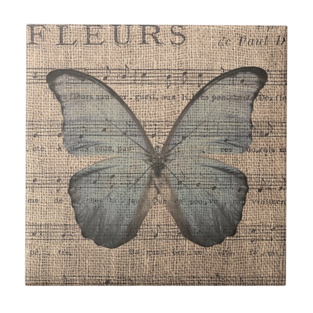 Blauer Schmetterling auf Vintager Blatt-Musik Fliese (Vorderseite)