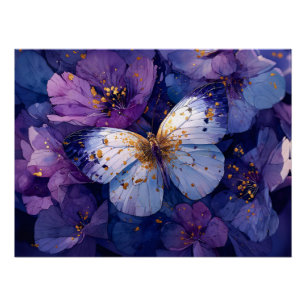 Blauer Schmetterling auf violetten Blumen Poster