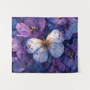 Blauer Schmetterling auf violetten Blumen Wandteppich