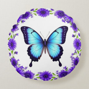 Blauer Schmetterling Blumiger Frühlingsgarten Viol Rundes Kissen