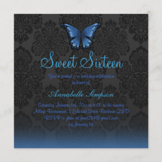 Blauer Schmetterling & Damast Sweet16 Einladung