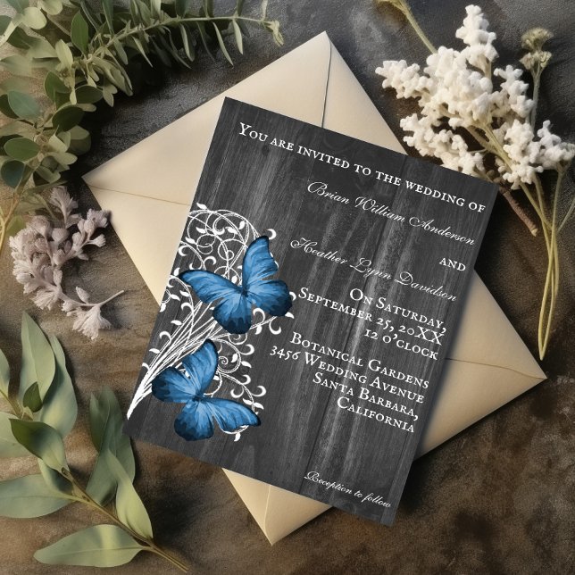 Blauer Schmetterling Einladung (Blue Rustic Butterfly Wedding Invitation)