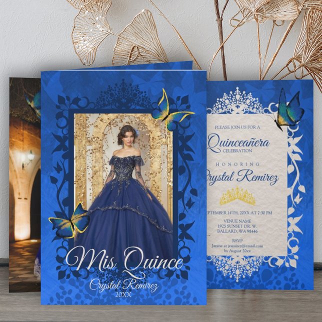 Blauer Schmetterling Einladung (blue gold quinceanera invitation blue edge frame around invitation vines leaves fancy ornate)