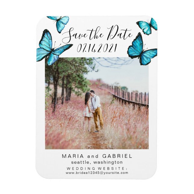 Blauer Schmetterling Frame Wedding Save the Date F Magnet (Vertikal)
