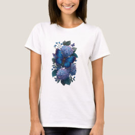 Blauer Schmetterling Hydrangea Floral Damen T-Shir T-Shirt