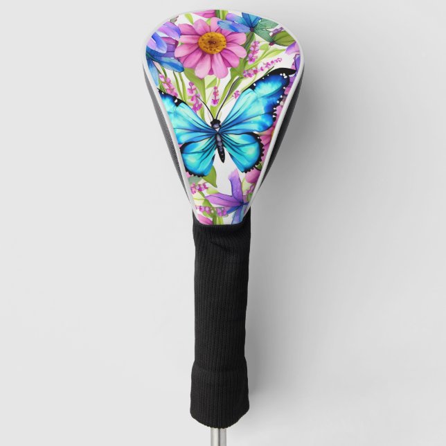 Blauer Schmetterling in einem Feld von Blume Golf Headcover (Vorderseite)