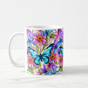 Blauer Schmetterling in einem Feld von Blume Kaffeetasse