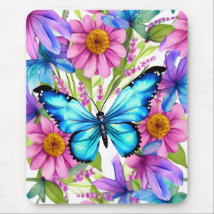 Blauer Schmetterling in einem Feld von Blume Mousepad