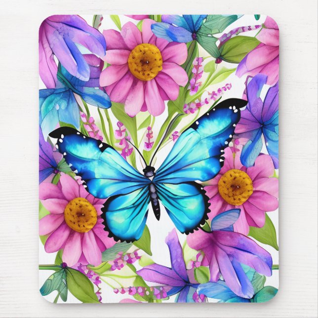 Blauer Schmetterling in einem Feld von Blume Mousepad (Vorne)