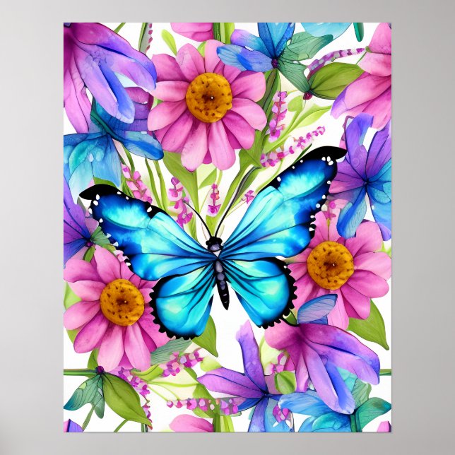 Blauer Schmetterling in einem Feld von Blume Poster (Vorne)
