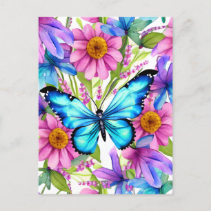 Blauer Schmetterling in einem Feld von Blume Postkarte