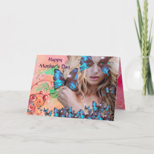 BLAUER SCHMETTERLING IN ROSA GRÜN GOLD FUNKELN KARTE
