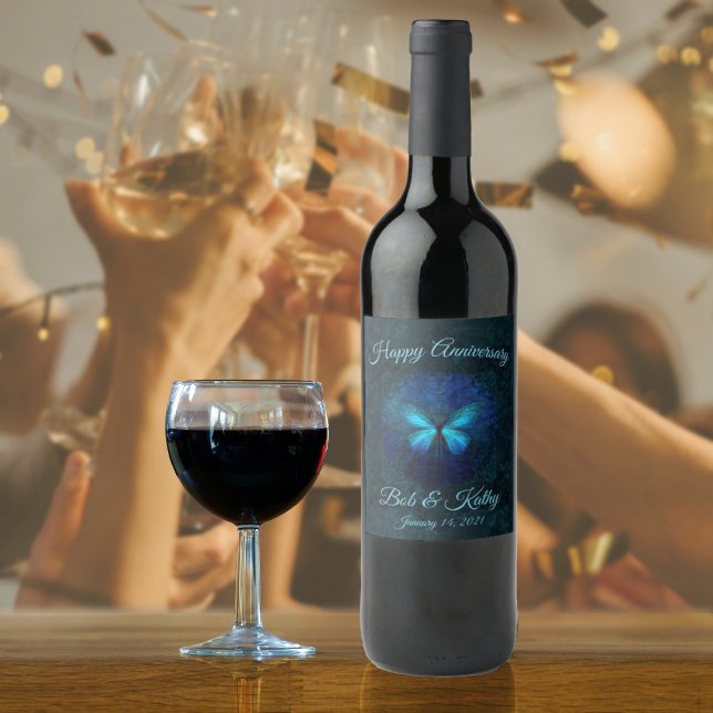 Blauer Schmetterling Jubiläum Weinsiegel Weinetikett (Blue Butterfly Anniversary Wine Label - Names and Date Template)