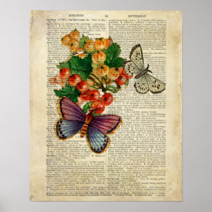 Blauer Schmetterling mit roten Blume Vintage Kunst Poster