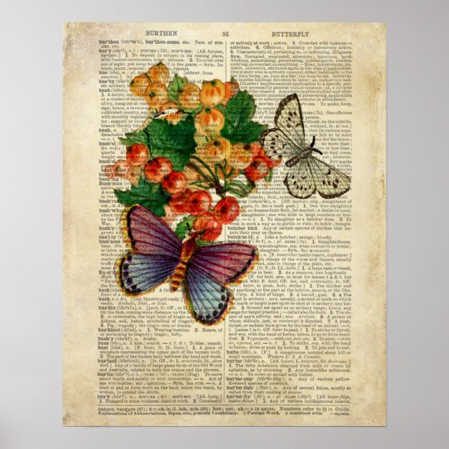 Blauer Schmetterling mit roten Blume Vintage Kunst Poster (Vorne)