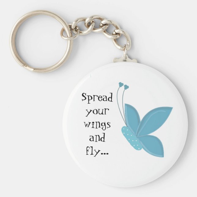 Blauer Schmetterling mit Sprichwort Schlüsselanhänger (Vorne)
