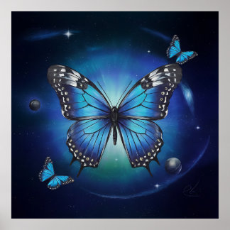 Blauer Schmetterling mit Sternen und Planeten ... Poster