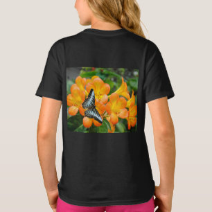 Blauer Schmetterling mit tropischem Rhododendron-T T-Shirt