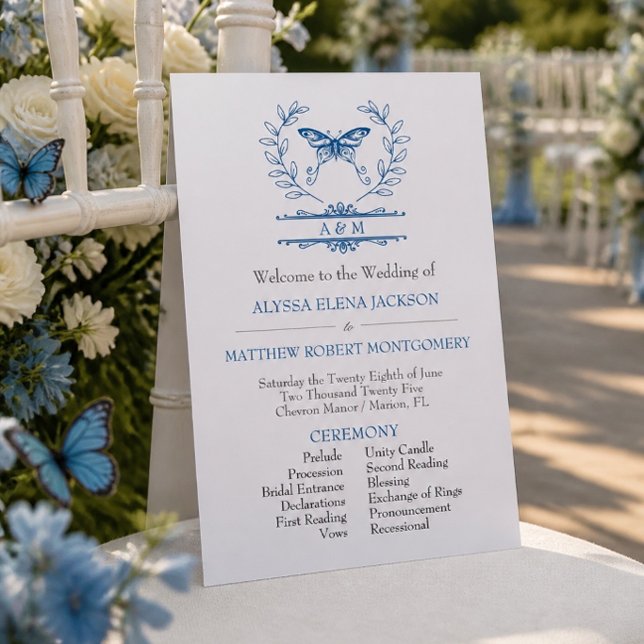 Blauer Schmetterling Monogramm Hochzeitsprogramm Einladung (Von Creator hochgeladen)