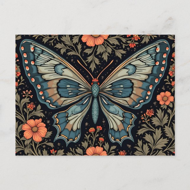 Blauer Schmetterling Orange Blumen Postkarte (Vorderseite)