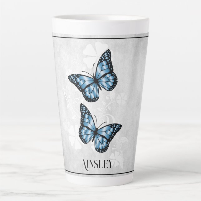 Blauer Schmetterling Personalisiert Latte Tasse (Vorderseite)
