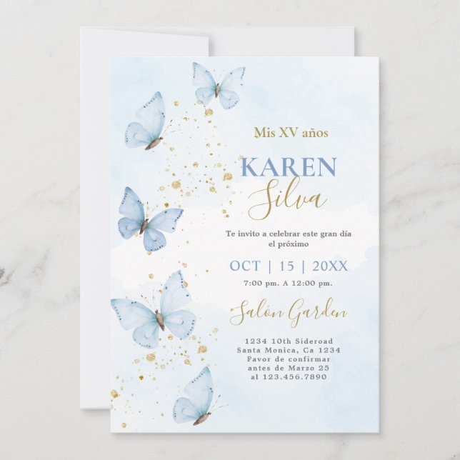 Blauer Schmetterling Quinceañera Einladung (Vorderseite)