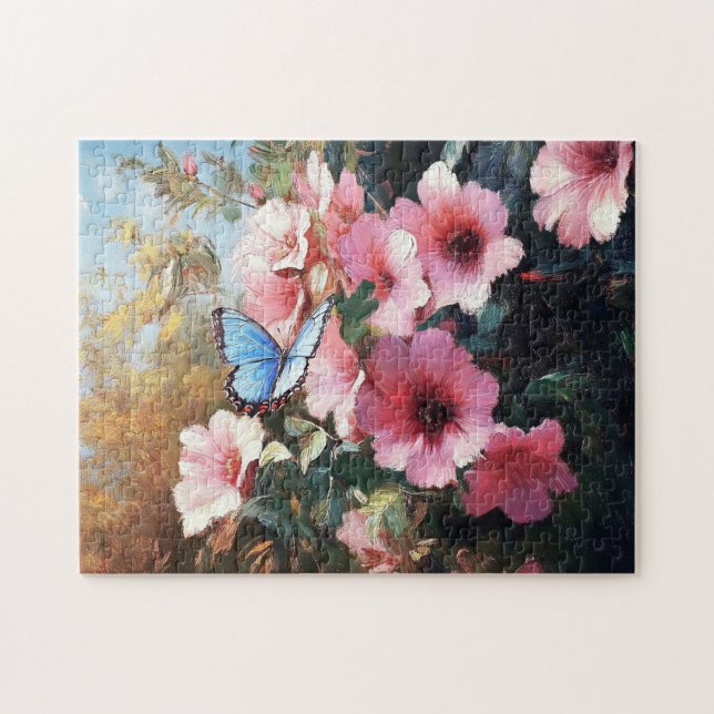 Blauer Schmetterling Rosa Blume Malerei Puzzle (Horizontal)