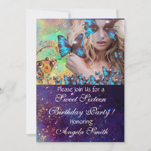 BLAUER SCHMETTERLING SÜSSE 16 PARTY MONOGRAMM EINLADUNG