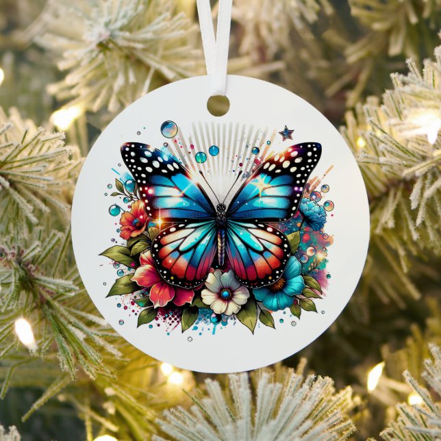Blauer Schmetterling und Blume Personalisiert Weih Ornament Aus Metall (InSitu)