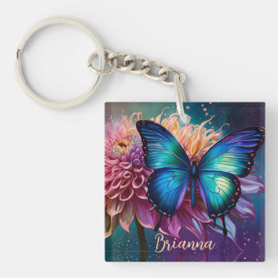 Blauer Schmetterling und der Dahlia Schlüsselanhänger