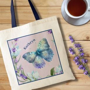 Blauer Schmetterling und Lavendel Personalisiert Tragetasche