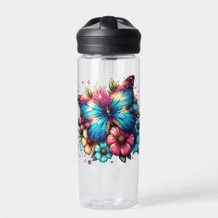 Blauer Schmetterling und rosa Blume Personalisiert Trinkflasche