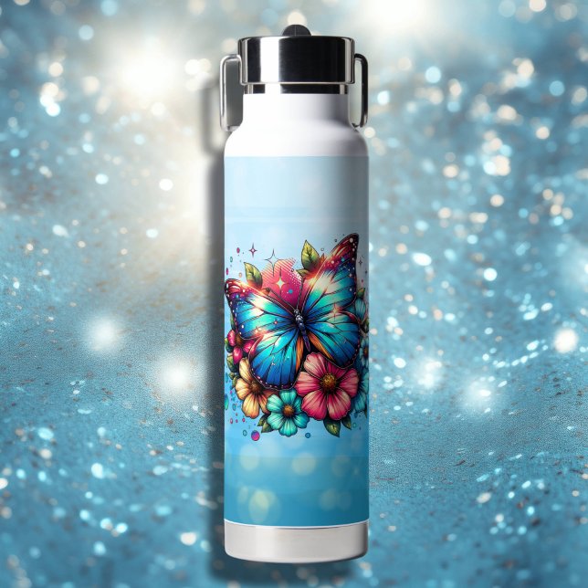 Blauer Schmetterling und rosa Blume Personalisiert Trinkflasche (Von Creator hochgeladen)