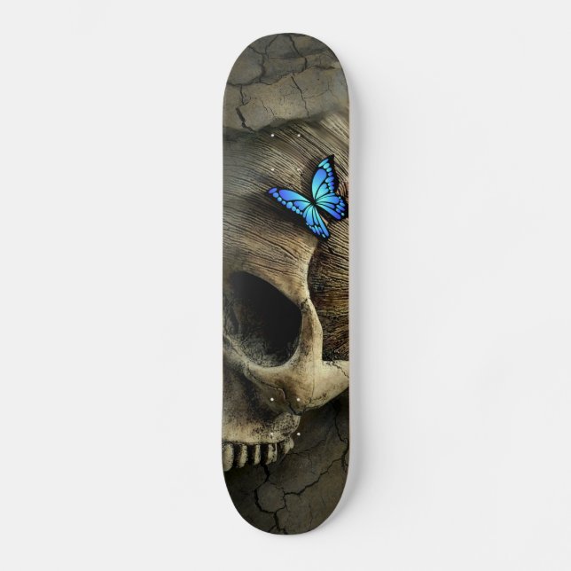 Blauer Schmetterling und Schädel Skateboard (Vorderseite)