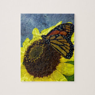 Blauer Schmetterling und Sonnenblume Hintergrund Puzzle