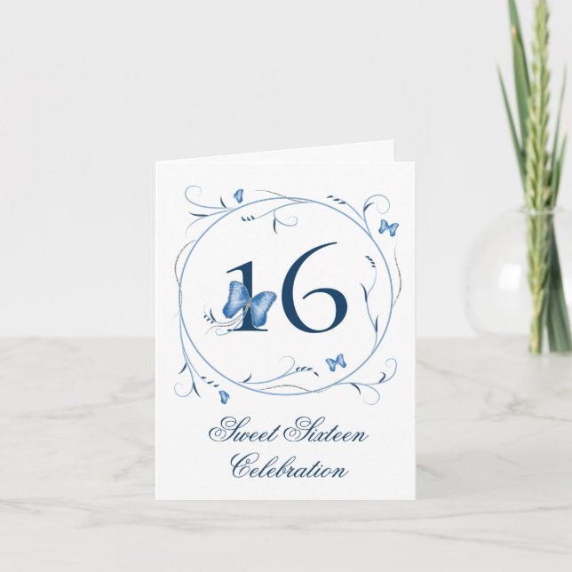 Blauer Schmetterling und Wirbel Süß 16 Einladung (Vorderseite)