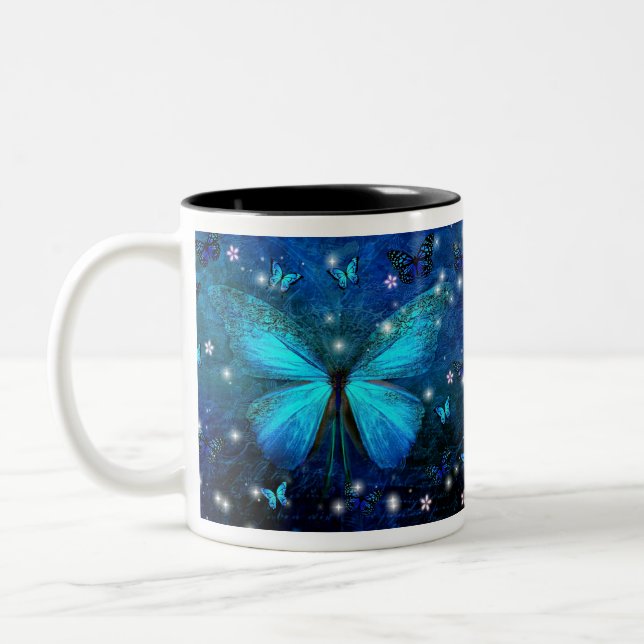 Blauer Schmetterling Zweifarbige Tasse (Links)