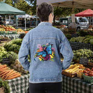 Blauer Schmetterlingsflügel-Drache Bunte Blumen Jeansjacke