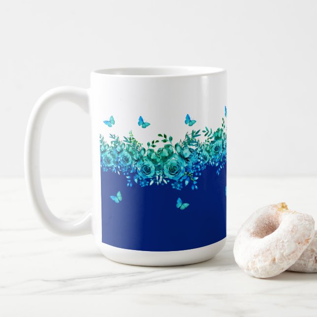 Blauer Schmetterlingsgarten Floral  Kaffeetasse (Mit Donut)