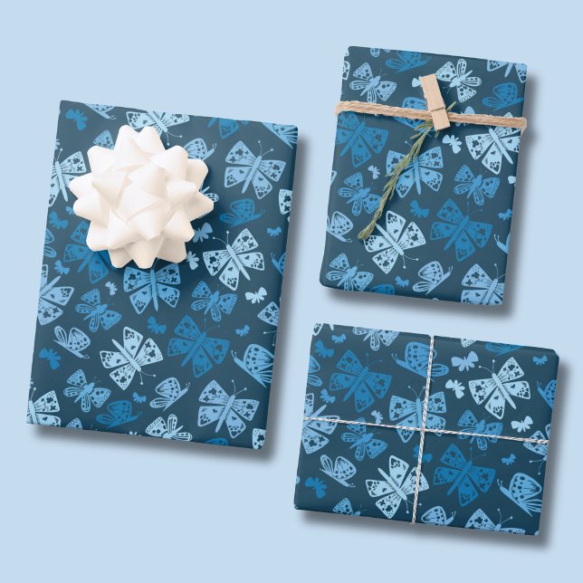 Blauer Schmetterlingsmuster Geschenkpapier Set (Blue butterfly pattern wrapping paper)