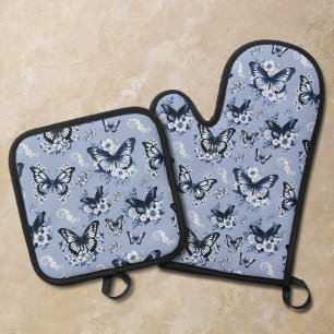 Blauer Schmetterlingsmuster Ofenhandschuh & Topflappen-Set