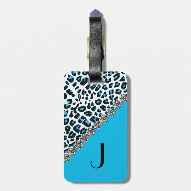 Blauer Schnee-Leopard-Druck-mit Monogramm Gepäckanhänger (Rückseite vertikal)