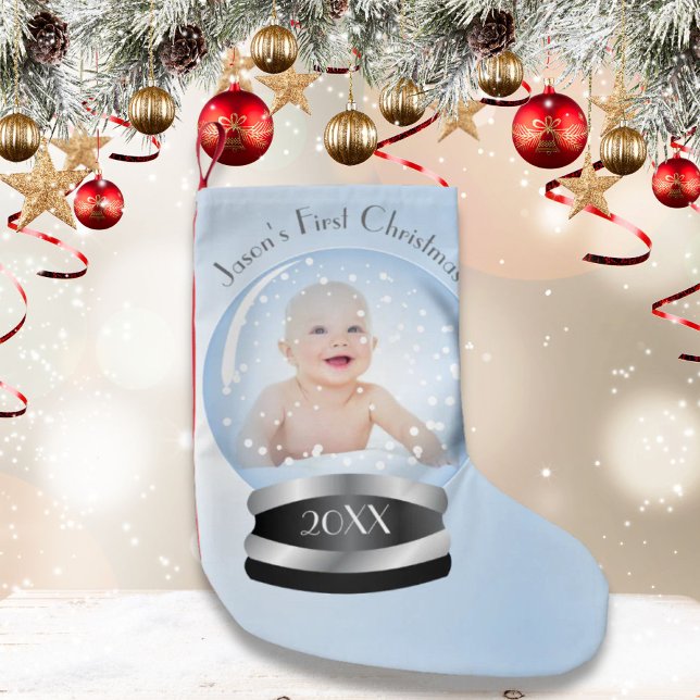 Blauer Schneekugel Baby First Weihnachten Kleiner Weihnachtsstrumpf (blue snow globe baby boy first Christmas Small Christmas Stocking)