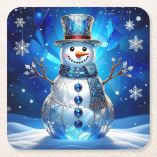 Blauer Schneemann-Schneeflocken-Feierabend-Papier- Rechteckiger Pappuntersetzer