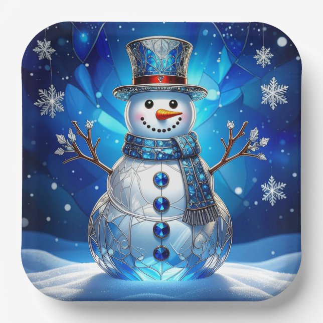 Blauer Schneemann-Schneeflocken-Feiertags-Papierpl Pappteller (Vorderseite)