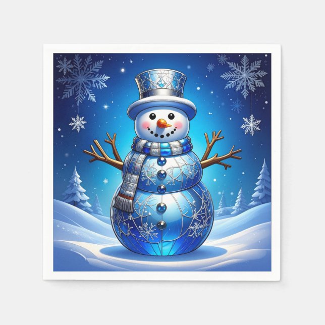 Blauer Schneemann-Schneeflocken-Feiertagsserviette Serviette (Vorderseite)