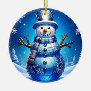 Blauer Schneemann-Schneeflocken-Weihnachtsschmuck Keramik Ornament