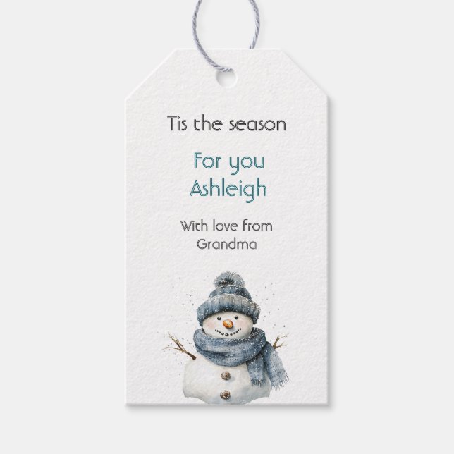 Blauer Schneemann Weihnachten Geschenkanhänger (Vorderseite)