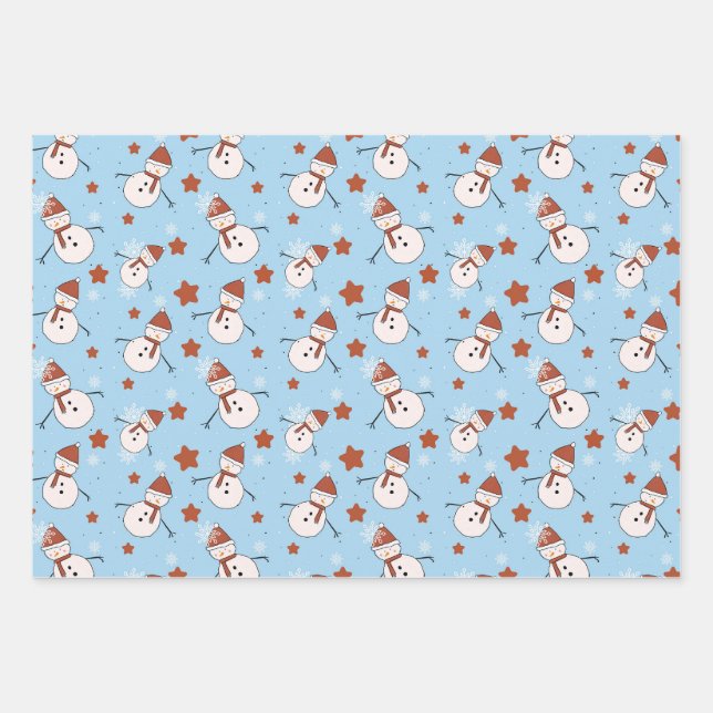 Blauer Schneemann Weihnachtspapier Geschenkpapier Set (Vorderseite)